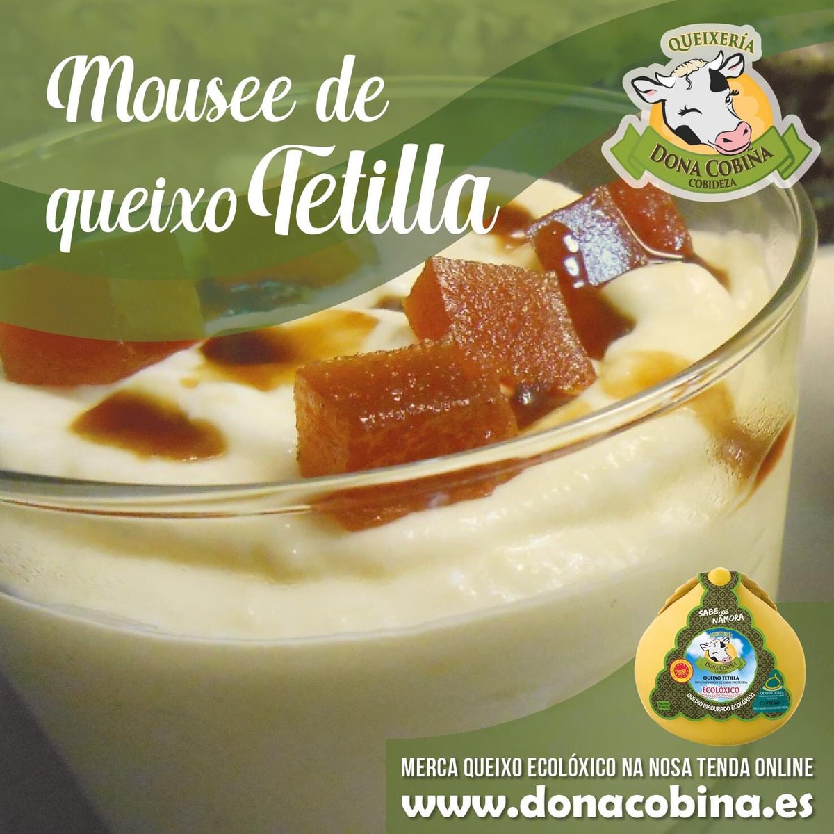 Sobremesas con sabor 💚100% galego💚
feitos co queixo que sabe que namora!

Receita: bit.ly/3QXZx2e

✅ Merca o teu queixo ecolóxico na nosa tenda online: donacobina.es