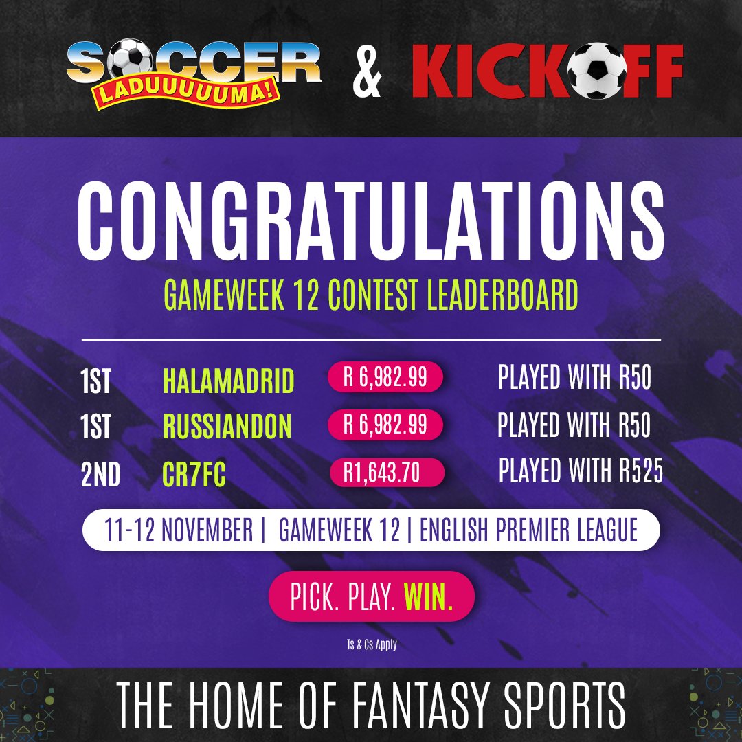 Soccer_Laduma's tweet photo. ๐Our contest winners this past weekend๐
Reminder that we have changed the structure of the referral system - now you can earn R25 for every successful referral ๐ฐ
Get in on the action and register to play๐ https://t.co/IvP6dB7sVt
#LetsFantasyGo https://t.co/iH6obY7VLj