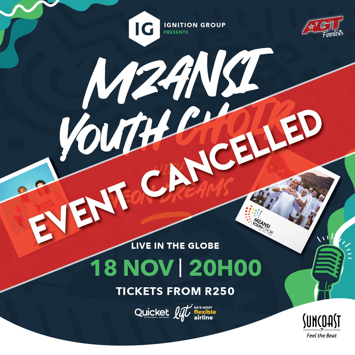 SUNCOASTDurban's tweet photo. We are sorry to inform you that the Mzansi Youth Choir with Neon Dreams event scheduled for this Saturday November 18 2023, at Suncoast has been cancelled.

Statement received from the event organizer
“Xperience ME, the event organizer, deeply regrets to announce the cancellation of the Mzansi Youth Choir with Neon Dreams event scheduled to take place in The Globe at Suncoast on November 18, 2023. Unfortunately, this decision stems from inadequate ticket sales.

All ticket holders will be promptly refunded through the ticketing company, QUICKET. We sincerely apologize for any inconvenience caused and appreciate your understanding in this challenging decision-making process.”