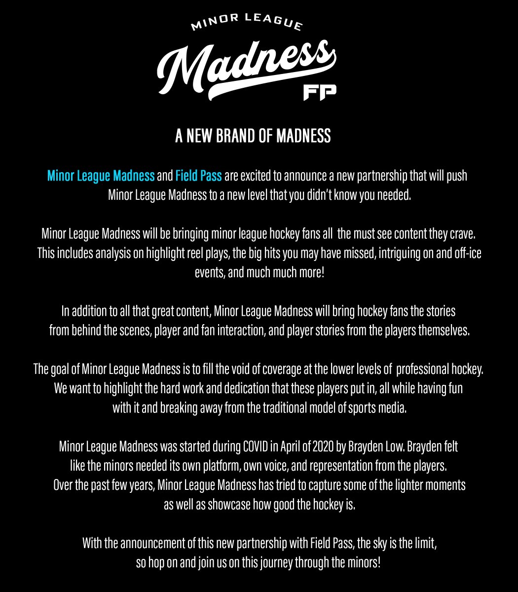fieldpassinc's tweet photo. A New Brand of Madness
@minorleaguemad and @fieldpassbrand are excited to announce a new partnership that will push Minor League Madness to a new level that you didn’t know you needed.

#Hockey #hockeyfights #hockeylife #hockeyplayers #coach #freakout #nhl #ahl #echl #thejungle #minorleaguemadness #sphl #fieldpass #fieldpassbrand