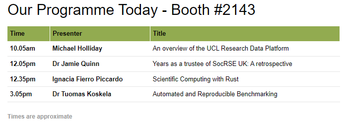 Come and visit our booth today to hear more about UCL HPC systems, scientific computing and new ways to benchmark. Jamie will also be reflecting on being a trustee of SocRSE UK!

#sc23 #RSEng #Rust #iamhpc 

Our short-talk programme today: