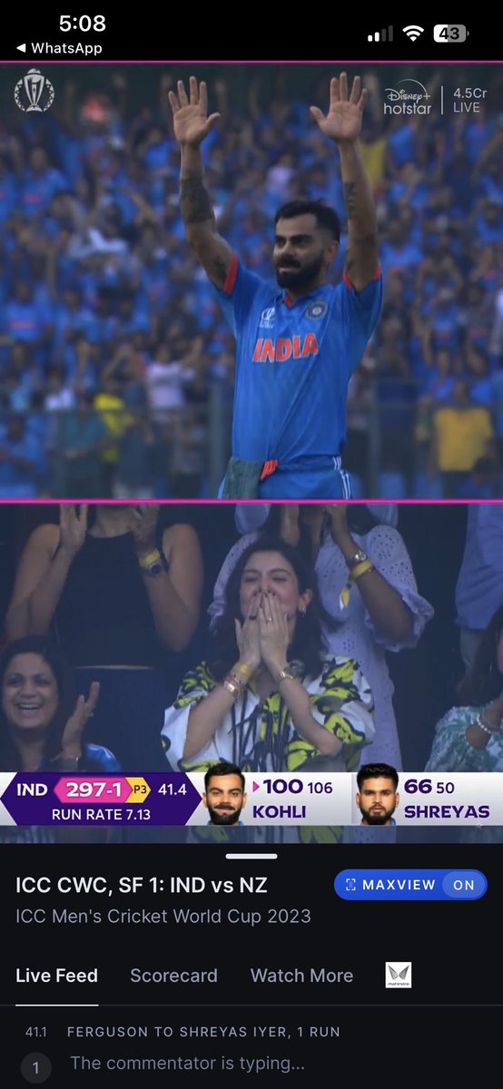 PratyushaKReddy's tweet photo. Winning at the perfect screenshot game😄 Congratulations @imVkohli , @AnushkaSharma 

#50thodicentury #WorldCup23 #IndiaVsNewZealand #kingkohli #ICCCricketWorldCup23 #hotstar #maxview #CWC23 https://t.co/PKNNuJzLlx