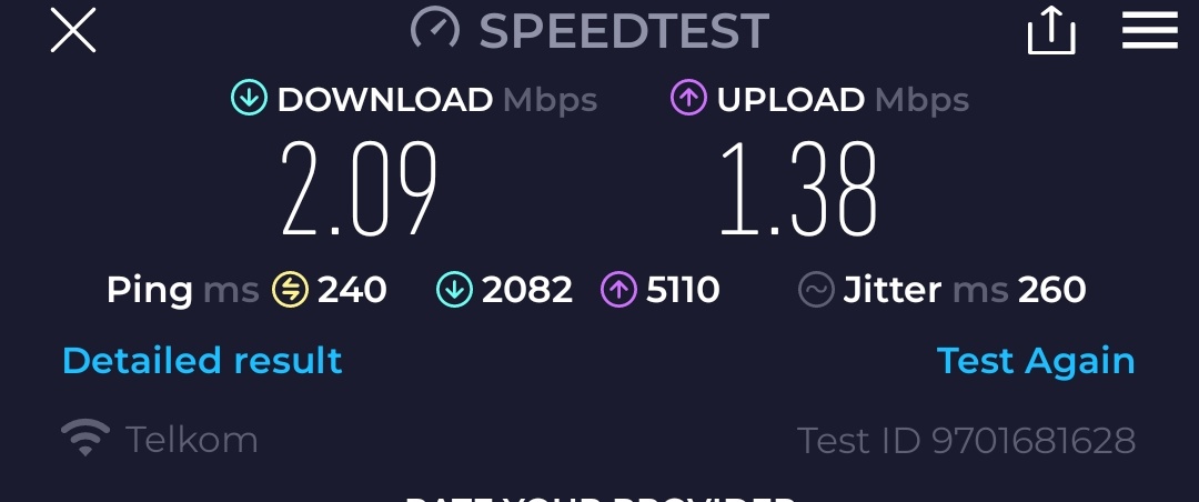 Lovely speeds from <a href="/TelkomZA/">@TelkomZA</a> Home Lte the last month. Wifi speeds so unpredictable one day its great speeds and the next you can barely send a voicenote on WhatsApp.😔