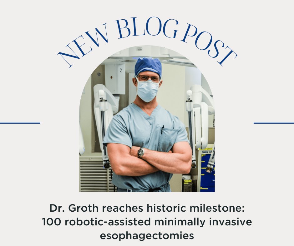 Dr. Groth, thoracic surgeon, has performed his 100th robot-assisted minimally invasive esophagectomy. This accomplishment is not just a personal triumph, but also signifies an evolution in the field of esophageal surgery. Read the blog: t.ly/LxhEX