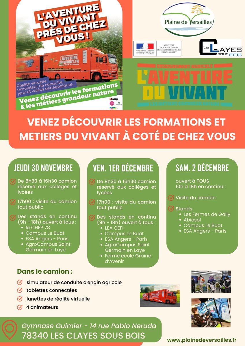 Plaine de Versailles (@plainedev) on Twitter photo Envie de découvrir les métiers et formations du vivant ? Profitez de la venue du camion de l'aventure du vivant aux <a href="/clayessousbois/">Les Clayes-sous-Bois</a>
plainedeversailles.fr/aventureduviva… Envie de découvrir les métiers et formations du vivant ? Profitez de la venue du camion de l'aventure du vivant aux <a href="/clayessousbois/">Les Clayes-sous-Bois</a>
plainedeversailles.fr/aventureduviva…