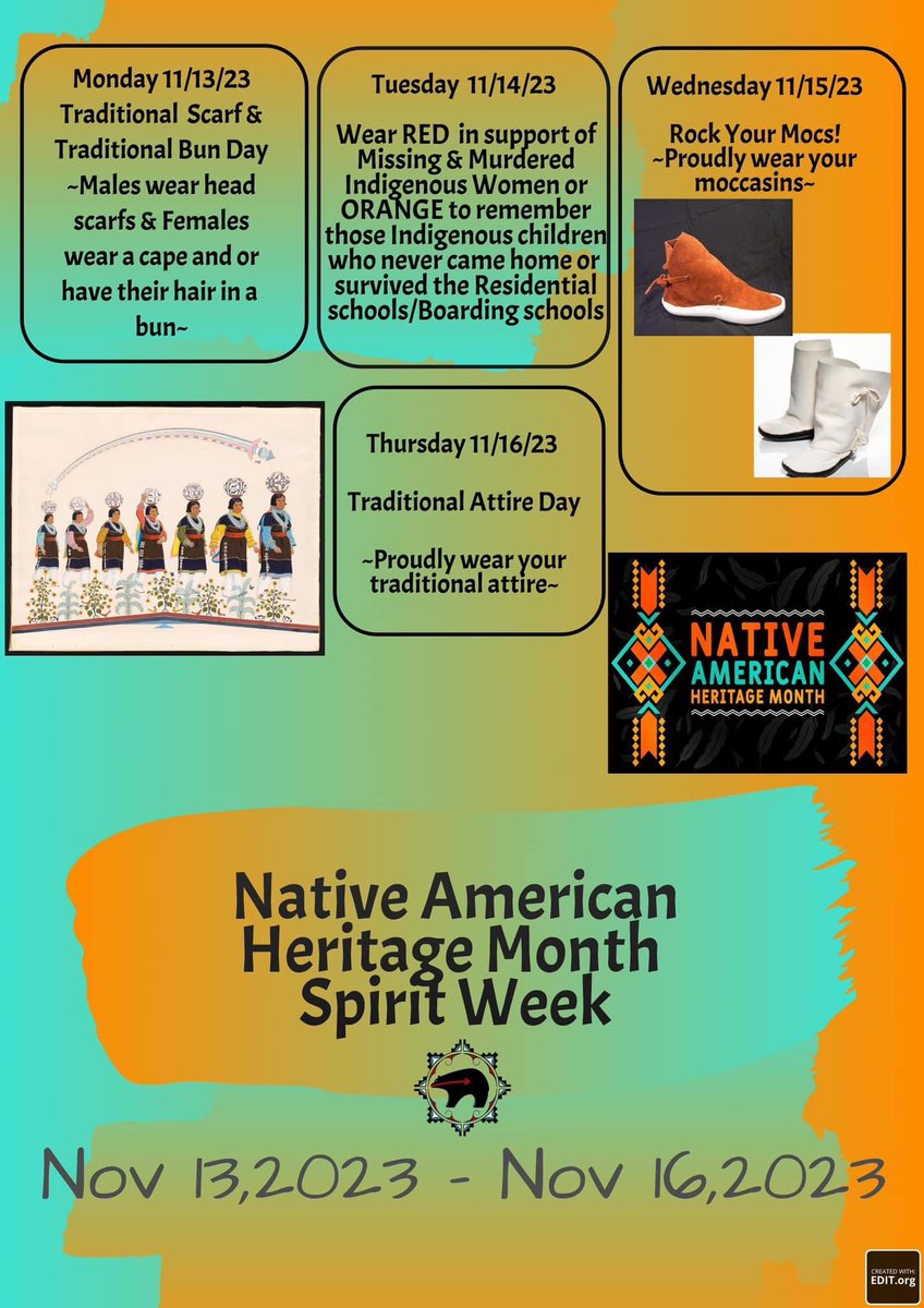 Heads Up!

Shiwi Ts’ana Elementary School’s Native American Heritage Month Spirit Week from November 13-17.
#NativeAmericanHeritageMonth