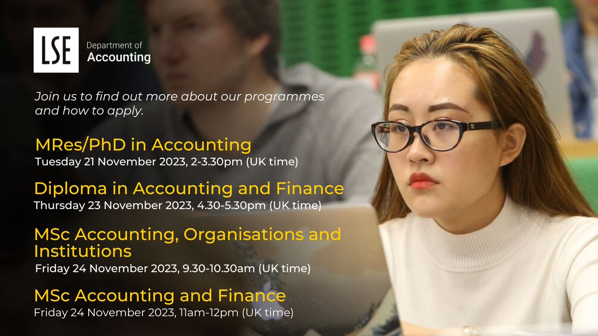 Explore postgraduate accounting studies at LSE by joining our Accounting Information Sessions this month. Delve into our diverse programs at Diploma, MSc &amp; MRes/PhD levels. More details visit Academic Department Sessions 👉 tinyurl.com/2ebde7v9 <a href="/LSEnews/">LSE</a> <a href="/StudyLSE/">Study at LSE</a> #partoflse