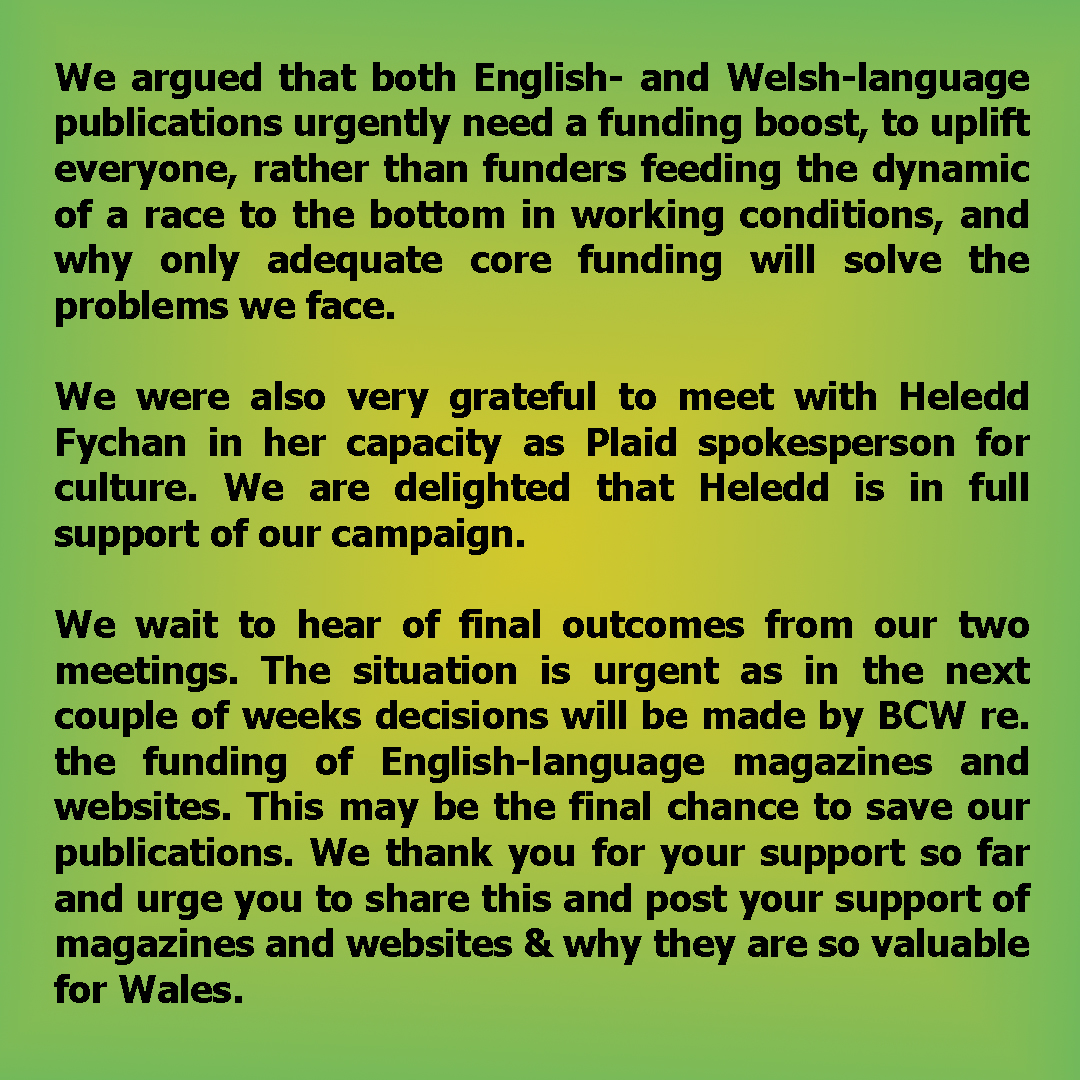 mikeparkerwales's tweet image. Update on the #SaveWelshMagazines campaign...time is very short, so please spread the word and post messages of solidarity to @CreativeWales @Books_Wales @WGCulture.