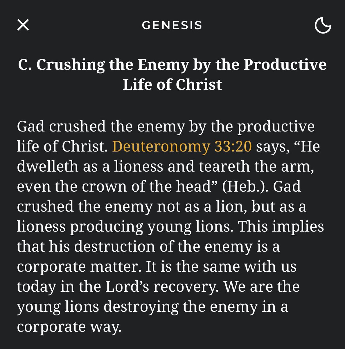 cr_willow's tweet photo. “Get crushed the enemy not as a lion, but as the lioness producing young lions. This implies that his destruction of the enemy is a corporate matter. It is the same with us today in the Lord’s recovery. We are the young lions destroying the enemy in a corporate way.”
#LSGenesis https://t.co/St0lNjEJBf