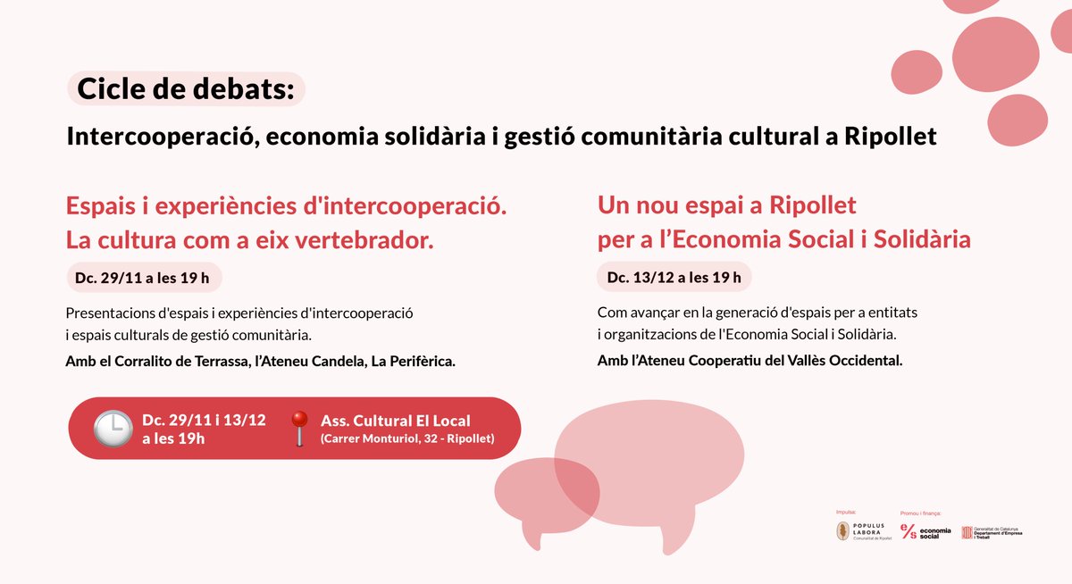 🤔 Un espai on col·laborar amb projectes i entitats? És possible a Ripollet? 

👇HO DEBATEM
➡️29/11 amb <a href="/elcorralitocca/">elcorralitocca</a>, <a href="/ateneucandela/">Ateneu Candela</a> i <a href="/la_periferica/">La Periférica </a>
➡️13/12 amb l'<a href="/ateneucoopvocc/">Ateneu Cooperatiu Vallès Occidental | ACVOCC</a> 

🕒 A les 19h
📍A <a href="/ellocalripollet/">El Local</a> (C/Monturiol, 32)

<a href="/ajripollet/">Ajuntament Ripollet</a> <a href="/ripolletimpulsa/">Ripollet Impulsa</a> <a href="/comunalitats/">Comunalitats Urbanes</a>