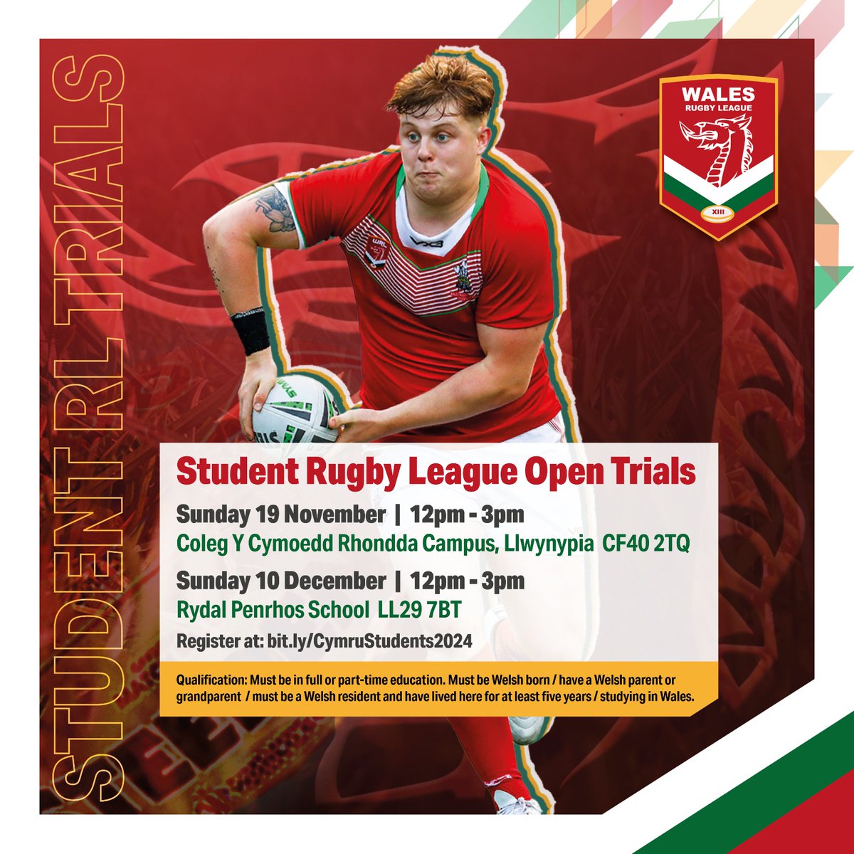 WalesRugbyL's tweet image. Myfyrwyr🏴󠁧󠁢󠁷󠁬󠁳󠁿

A change of venue for our first open trial for the 2024 Wales Students #rugbyleague squad this Sunday.

It will now take place at the @ColegyCymoedd Rhondda campus in Llwynypia.

Mwy: wrl.wales/wales-students…

#BUCSWednesday | @VX3apparel | Sterling Designs