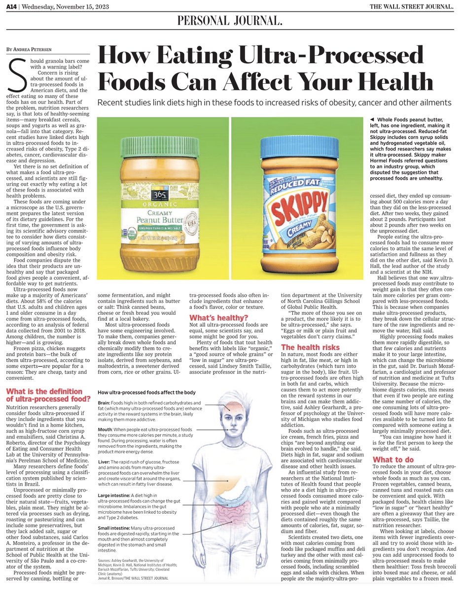 I've recently been writing about the dangers of ultra-processed foods 
erictopol.substack.com/p/towards-an-o…
Now there's more:
Multinational study
sciencedirect.com/science/articl…
Good summary
wsj.com/health/wellnes… <a href="/andreaapetersen/">Andrea Petersen</a>