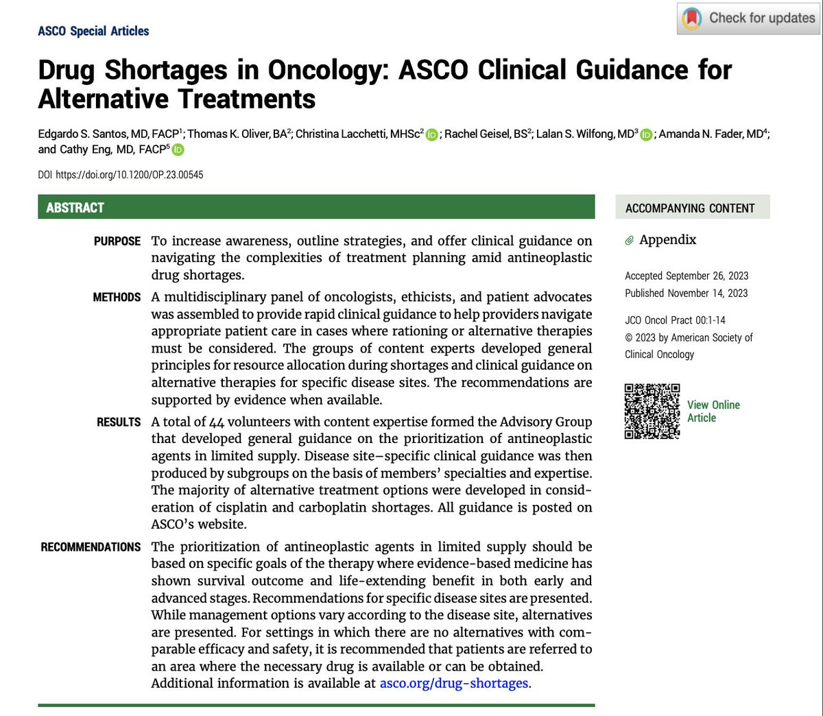 Great collaborating with @EdgardoSantosMD, @CathyEngMD, @amandanfader, Tom Oliver, Christina Lacchetti & Lalan Wilfong to produce guidance on treating pts during antineoplastic drug shortages for @JCOOP_ASCO. 15 chemo drugs currently in shortage. ascopubs.org/doi/full/10.12…