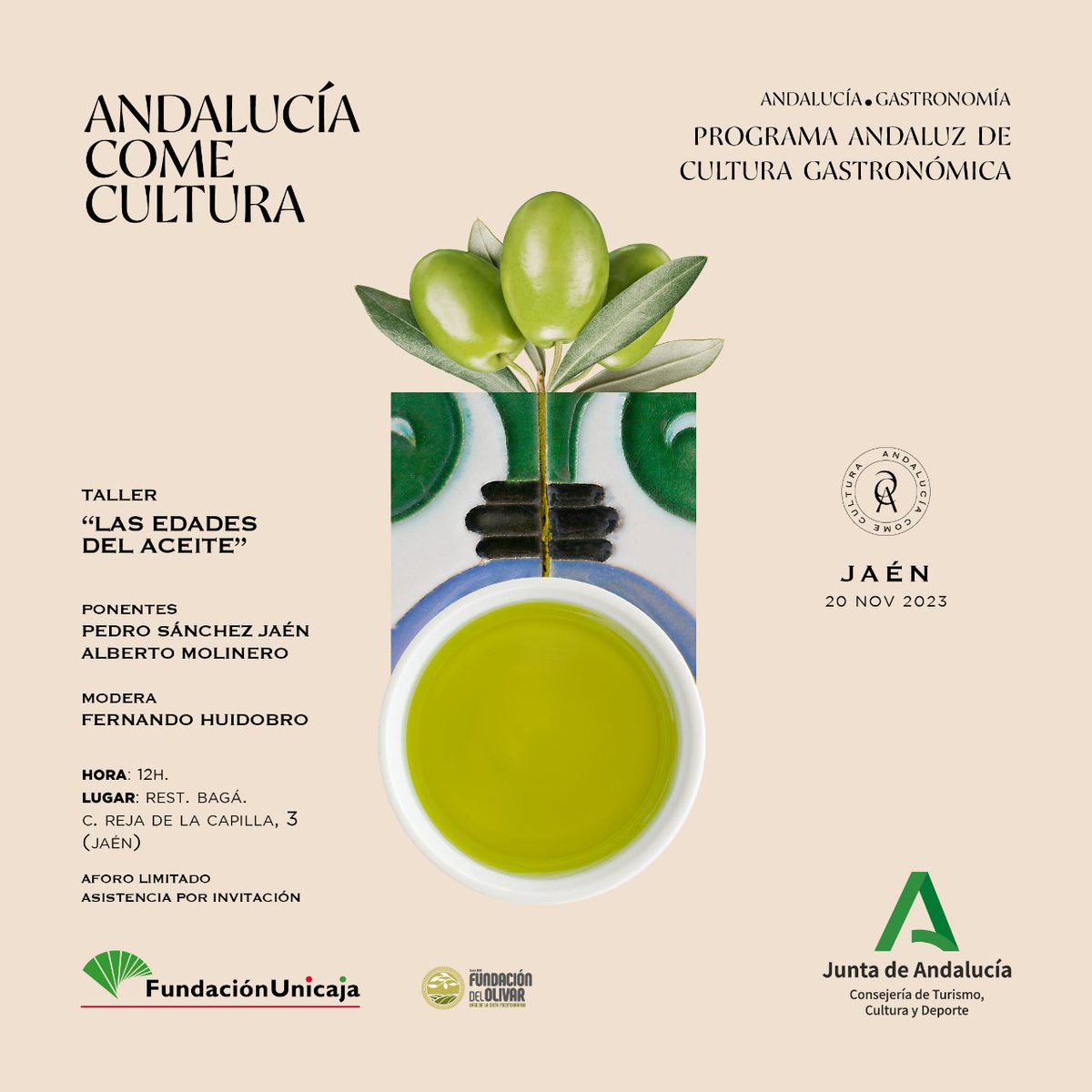"Las edades del aceite", próximo taller del Programa Andaluz de Cultura Gastronómica
20/11/2023 en <a href="/bagajaen/">jaime basa.</a> impartido por <a href="/sanchez_jaen/">Pedrito</a> y <a href="/SupremoAOVE/">Supremo</a>
Coordina <a href="/FHuidobroRein/">Fernando Huidobro</a>
Aforo limitado. Asist por invitación
#andaluciacomecultura
Promueve <a href="/CulturaAND/">Cultura Junta de Andalucía</a>
Patrocina <a href="/FundUnicaja/">Fundación Unicaja</a>