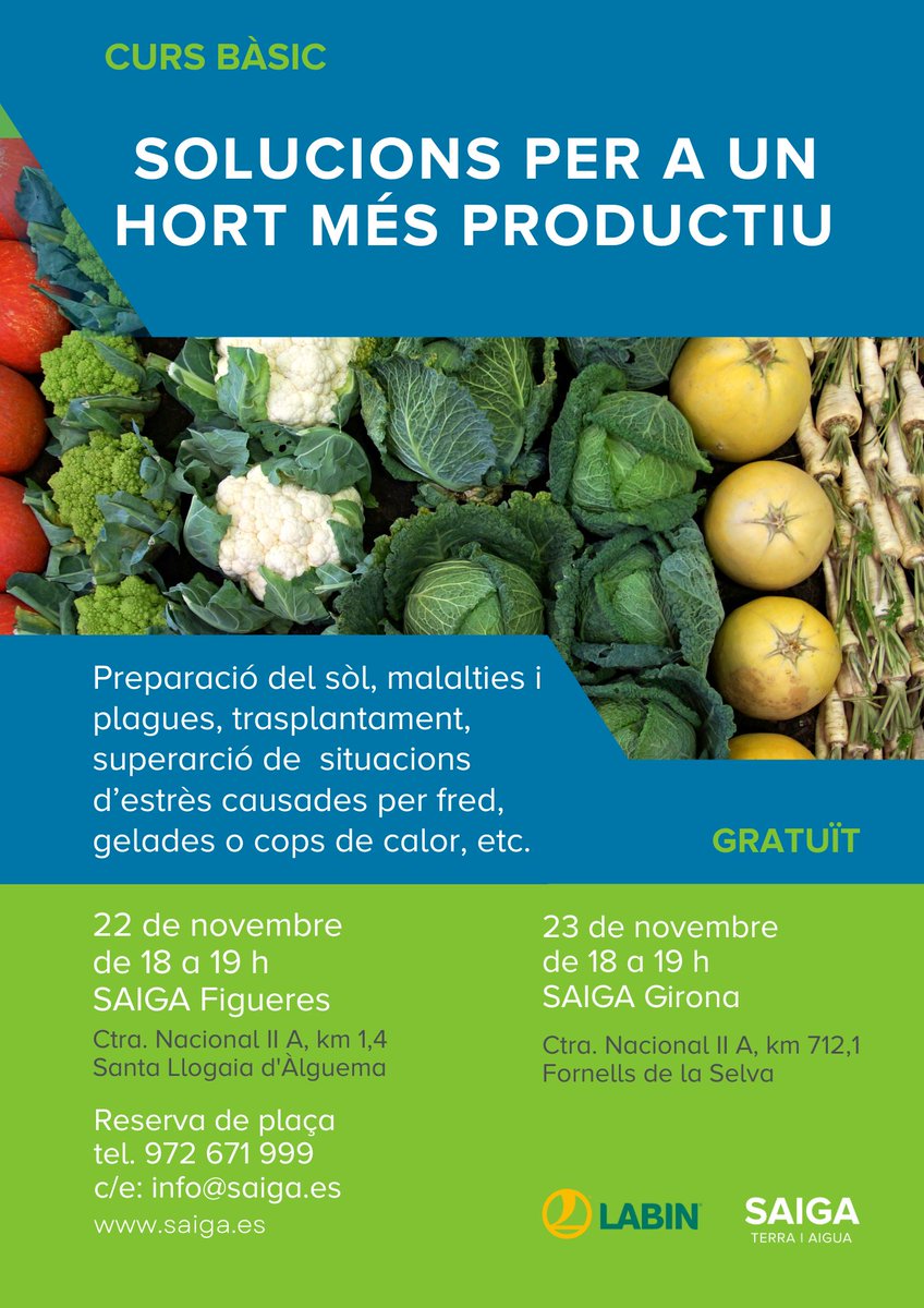 Malalties i plagues, situacions d'estrès per fred o calor, preparació del sòl, etc.
👌🏽 Apunta't al curs gratuït per tenir un hort més productiu tant a l'hivern com a l'estiu!
📍 22/11/23 de 18 a 19 h a SAIGA Santa Llogaia d'Àlguema
📍 23/11/23 de 18 a 19 h a SAIGA Girona