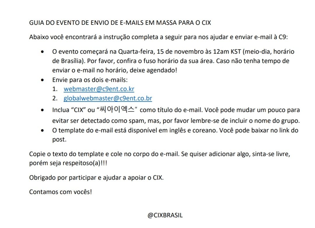 CIXBrasil's tweet photo. [‼️] Atenção, FIX.

Começou o envio em massa de e-mails para a C9, solicitando melhor gestão e tratamento ao CIX. Peguem o template no link e enviem seu e-mail!

👇🏻 Guia de participação e tradução do template nas fotos abaixo
🔗 Template: https://t.co/6vt7VreXNL

©yongheexcx https://t.co/LtGypv3Dec