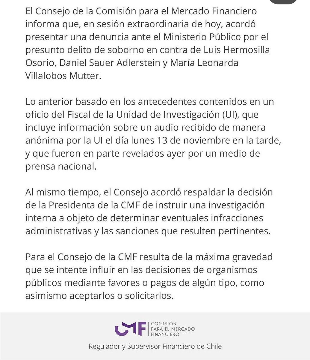 cecisilvaf's tweet photo. @ignaciobriones_ Ignacio, qué opinas del comunicado que acaba de compartir la CMF?
Si tienen gente adentro recibiendo coimas, eso es un delito...no una falta administrativa. Duro golpe para la institución, pone en tela de juicio su credibilidad y transparencia. https://t.co/xuJD4ps48E