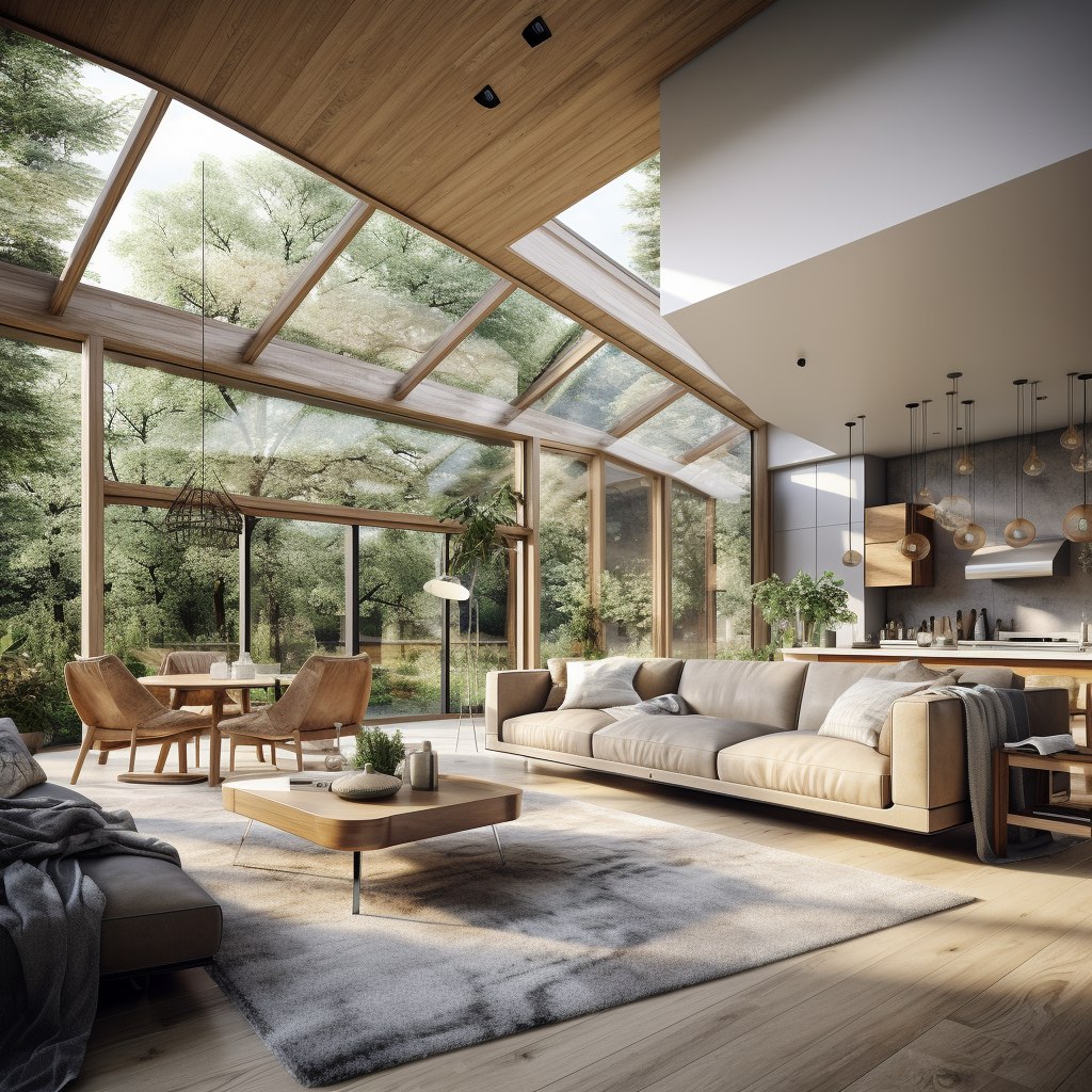 designmidjorney's tweet photo. prompt: ultra realistic 4k image; luxe, modern-organic-scandinavian home interior with large glass windows; skylight, open floor plan https://t.co/uT7lxUMPTw
