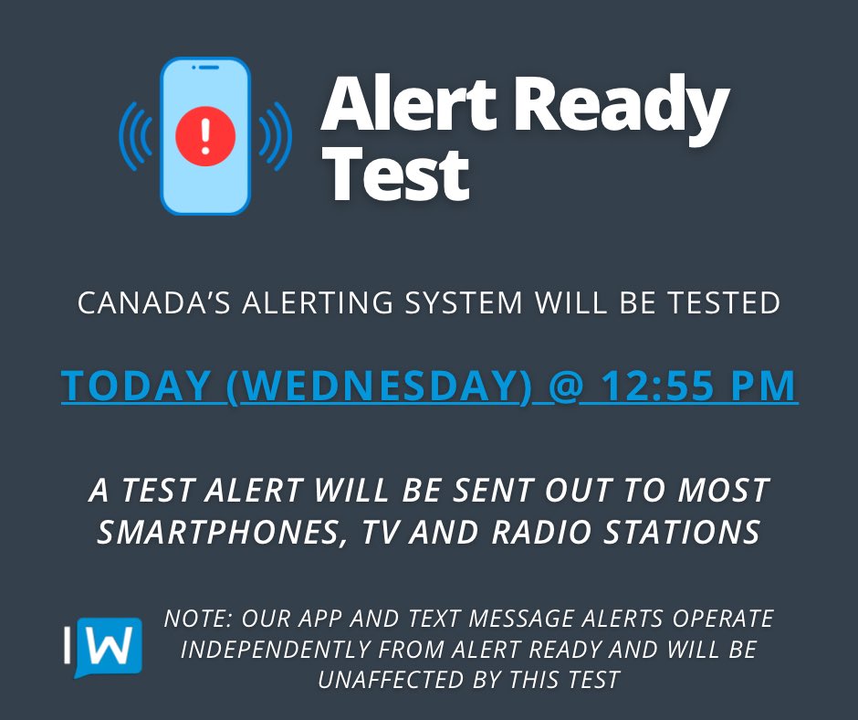 📌 ICYMI: There is a scheduled test of the Alert Ready system today (Wednesday, Nov. 15, 2023) in just under 3 hours at 12:55 PM.

A test alert will be sent out to most smartphones, TV and radio stations across the province at that time. 

IMPORTANT: The usual emergency alert