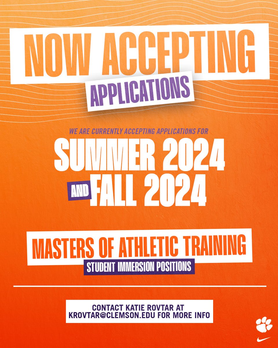 Clemson Sports Medicine is now accepting applications for Masters AT student immersion positions for both Summer 2024 and Fall 2024. Please see the link below to apply. Contact Katie Rovtar at krovtar@clemson.edu for more information or questions!

clemsontigers.com/athletic-train…