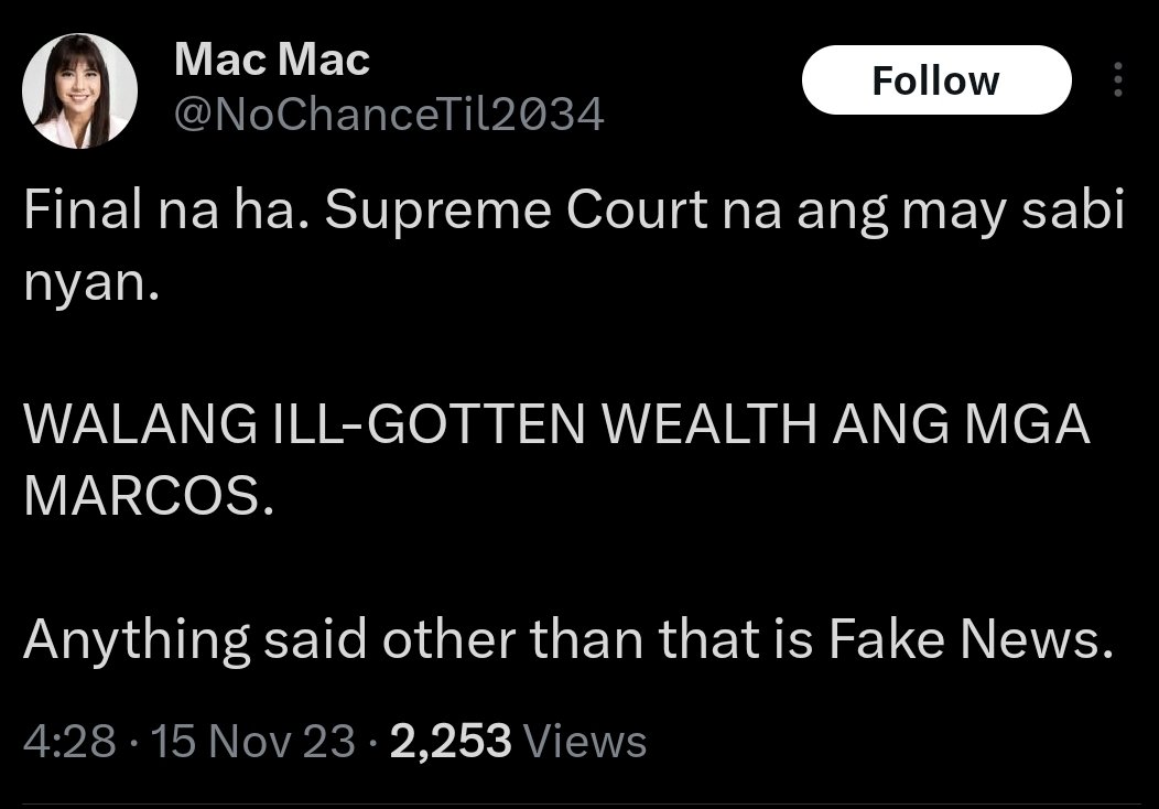 Sino magsasabi sa kanya na hindi lang isa ang kaso ng Marcoses sa Supreme Court? 😂😂😂@NoChanceTil2034 

Asa ka pa. #marcosmagnanakaw