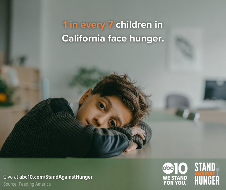 ABC10's tweet image. 1 in every 7 children in California face hunger. You can make a difference with ABC10 and #StandAgainstHunger by donating to a local food bank. Even just $1 can provide 5 meals for kids in our community. Go to abc10.com/StandAgainstHu…