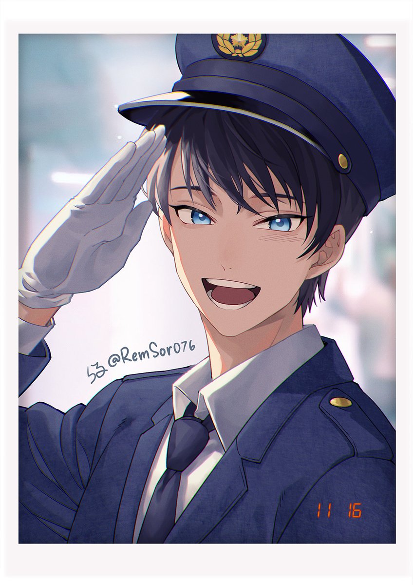 male focus police 1boy gloves uniform police uniform blue eyes  illustration images