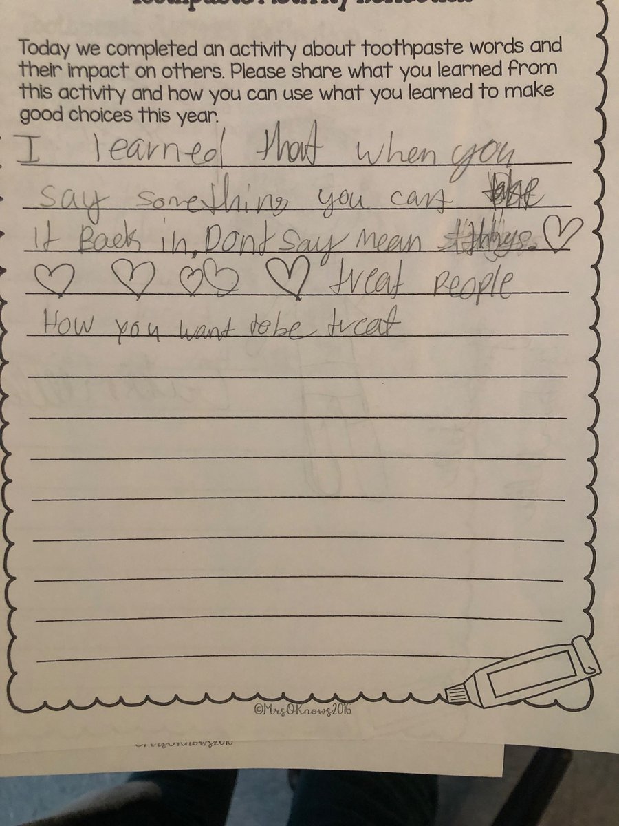 MrsGheesling's tweet photo. Toothpaste Activity! Students were told to try and get all the toothpaste back in the bottle, when they realize it’s impossible- they connected this to the way they speak to others, you can’t take words back, So Be kind 💕🫶 https://t.co/cQjEqNBET9