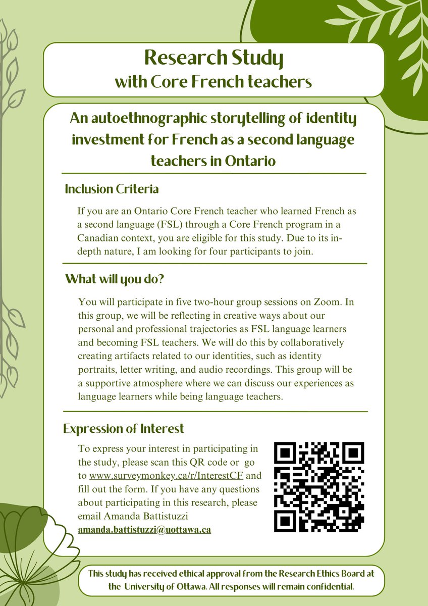 It's tiiiime! I'm recruiting for my PhD study on #CoreFrench teachers who learned French as a second language and now are teaching French! If this is you, please consider joining me! SurveyMonkey.ca/r/InterestCF More info: