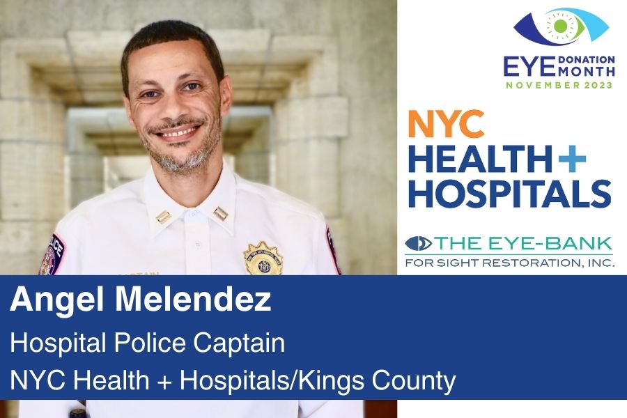 NYCHealthSystem's tweet photo. November is #EyeDonationMonth. @EyeBankNY is grateful for Hospital Police Capt. Angel Melendez whose supports helps New Yorkers see again. @NYCHealthSystem and @EyeBankNY encourage everyone to enroll in the New York State Donate Life Registry as donors: https://t.co/LDv4sE3iEK. https://t.co/qOnUCP7W1a