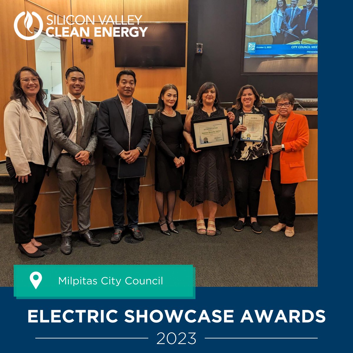 SVCE staff highlighted the Milpitas Electric Showcase Award winner at the@MilpitasCityGov Council meeting in October. The local Showcase Award Winner, Seema's Beauty Salon, also accepted the Hindu Heritage Month proclamation at the same meeting.