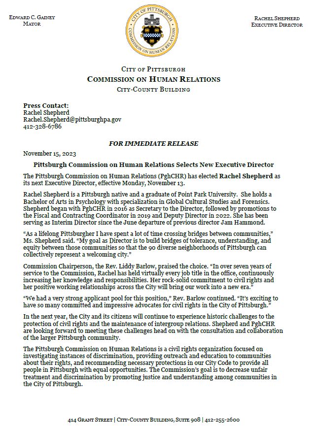 Pittsburgh Commission on Human Relations Selects New Executive Director 

ow.ly/oxEt50Q7aRo