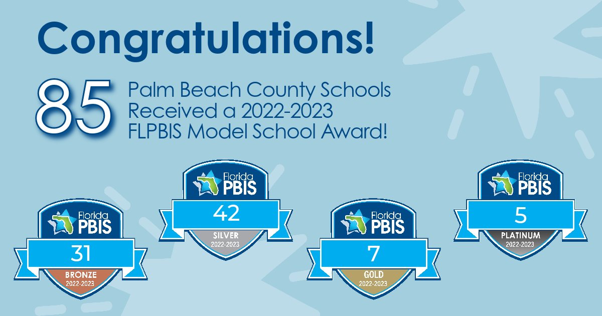 Florida PBIS (@flpbis) on Twitter photo Congratulations to @PBCSwPBS for supporting 85 schools to become FLPBIS Model Schools in 2022-2023! <a href="/AMSMarlins/">Addison Mizner School</a>, <a href="/DSOA_Official/">Official A.W. Dreyfoos School of the Arts</a>, <a href="/AllamandaES/">@AllamandaES</a>, @Atl_eagles, <a href="/Banyancreek1/">@Banyancreek</a>, <a href="/BeaconCove/">Beacon Cove Intermediate School</a>, <a href="/BelvedereBees/">Belvedere Elementary</a>, <a href="/BinksForestES/">Binks Forest ES</a>, @BLE_Gator, <a href="/CoralReefSDPBC/">Coral Reef SDPBC</a>, <a href="/sunset_coral/">Coral Sunset Elementary</a>, <a href="/CTESLions/">Cypress Trails Elementary School</a> Congratulations to @PBCSwPBS for supporting 85 schools to become FLPBIS Model Schools in 2022-2023! <a href="/AMSMarlins/">Addison Mizner School</a>, <a href="/DSOA_Official/">Official A.W. Dreyfoos School of the Arts</a>, <a href="/AllamandaES/">@AllamandaES</a>, @Atl_eagles, <a href="/Banyancreek1/">@Banyancreek</a>, <a href="/BeaconCove/">Beacon Cove Intermediate School</a>, <a href="/BelvedereBees/">Belvedere Elementary</a>, <a href="/BinksForestES/">Binks Forest ES</a>, @BLE_Gator, <a href="/CoralReefSDPBC/">Coral Reef SDPBC</a>, <a href="/sunset_coral/">Coral Sunset Elementary</a>, <a href="/CTESLions/">Cypress Trails Elementary School</a>