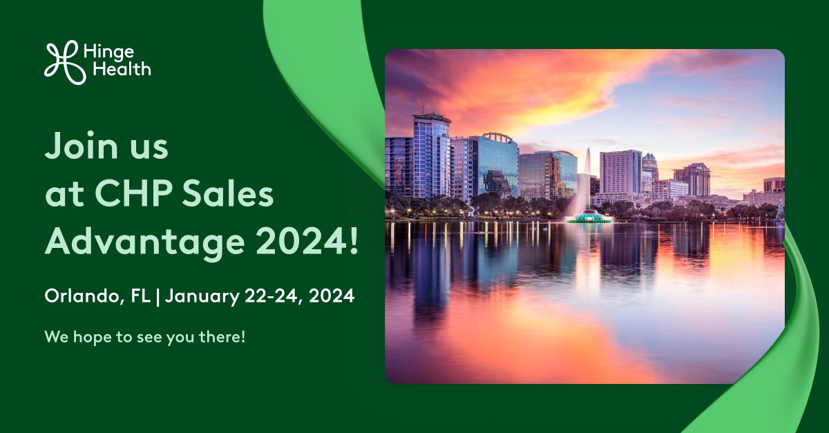 Hinge Health (@hingehealth) on Twitter photo We're headed to CHP Sales Advantage 2024 in Orlando in January! We're looking forward to this year's theme - The Power of Partnerships!
Stop by booth #39 and join us on the main stage for our 5-minute stretch break on Tuesday, Jan. 23 at 11:45am! 
We hope to see you there! We're headed to CHP Sales Advantage 2024 in Orlando in January! We're looking forward to this year's theme - The Power of Partnerships!
Stop by booth #39 and join us on the main stage for our 5-minute stretch break on Tuesday, Jan. 23 at 11:45am! 
We hope to see you there!