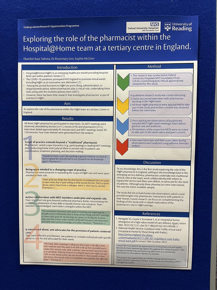 Really great to see our #hospitalathome project being presented at @UniofReading UROP day. It’s been great to work with @RosemaryHLim exploring the role of the pharmacist in this innovative space. @UKHaHSoc #virtualwards #pharmacy