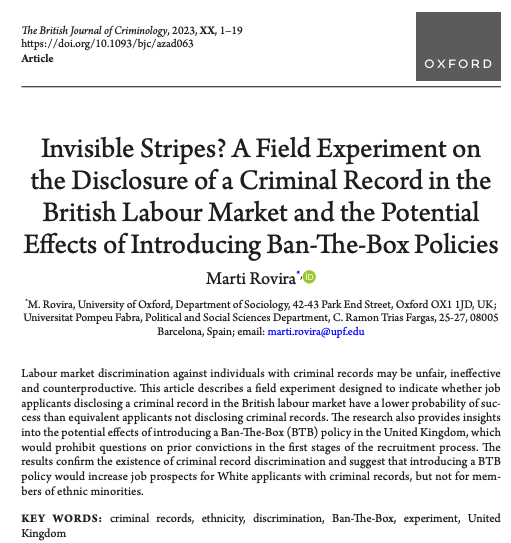 MRovira_'s tweet photo. 📚 Thrilled to share my latest article, "Invisible Stripes? A Field Experiment on the Disclosure of a Criminal Record in the British Labour Market and the Potential Effects of Introducing Ban-The-Box Policies," now published in the BJC https://t.co/QqTASzbUZ0 https://t.co/ijd81VjTtu