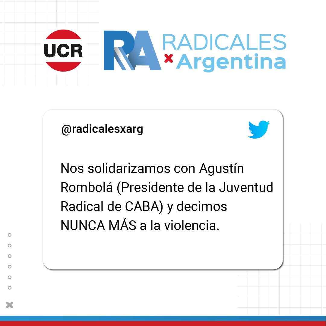 Desde <a href="/radicalesxarg/">Radicales x Argentina</a> expresamos nuestra solidaridad con Agustin, presidente de JR CABA. 

Rechazamos la violencia y reafirmamos que el camino siempre es el dialogo y La Paz.