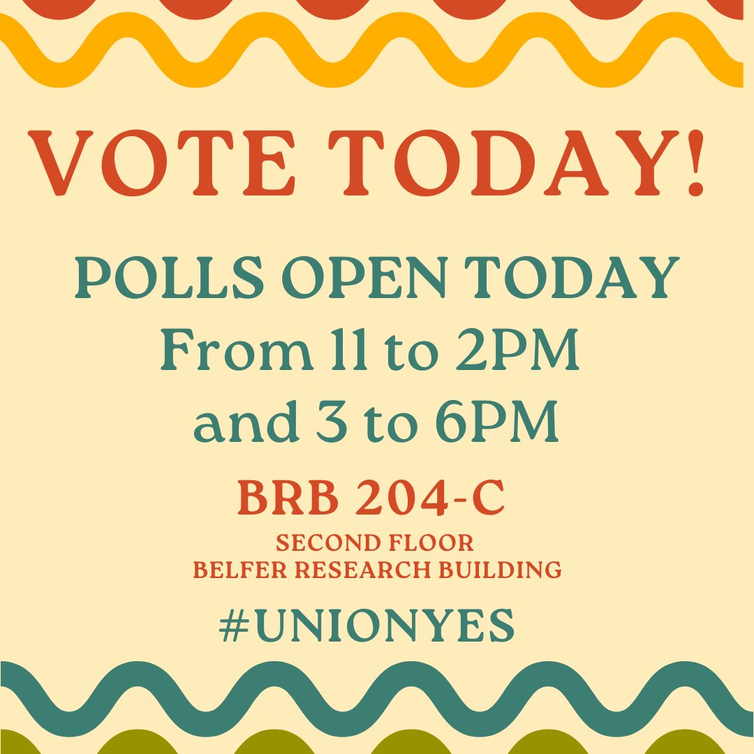 WCMPostdocUnion's tweet photo. Polls open at 11am today for our second and last day of voting #UnionYES! https://t.co/eWWa66l3Kx
