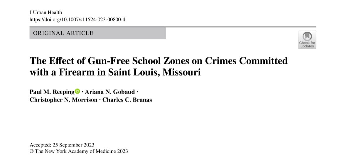 Just released in the Journal of Urban Health: “The Effect of Gun-Free School Zones on crimes committed with a firearm in Saint Louis, Missouri,” one of the aims of my dissertation. This is the first quantitative study ever published on gun-free zones. rdcu.be/dq7ur