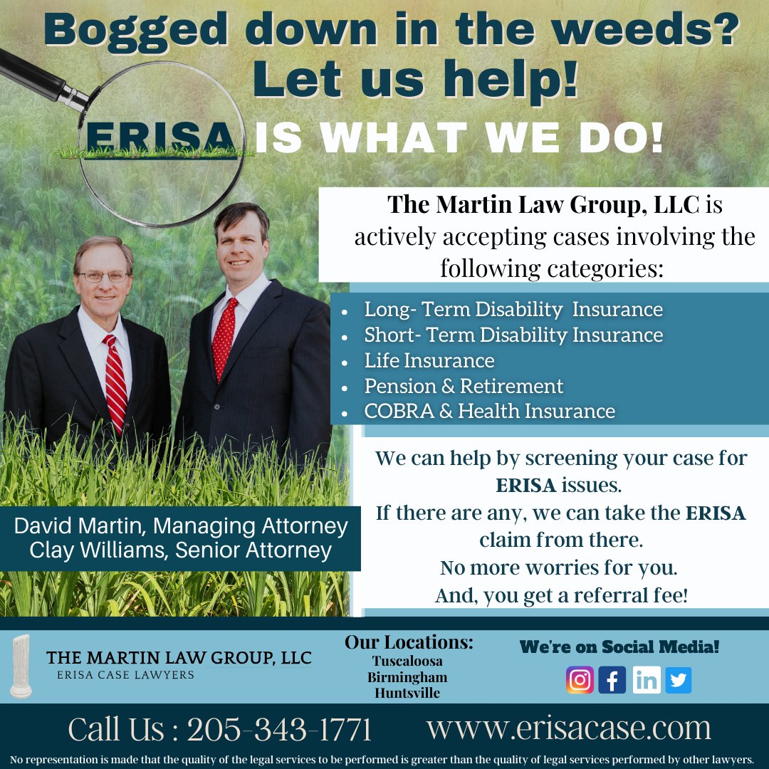 The Martin Law Group, LLC is actively accepting cases involving the following categories: 

Long-Term Disability Insurance, Short-Term Disability Insurance, Life Insurance, Pension &amp; Retirement, COBRA &amp; Health Insurance 

#ERISA