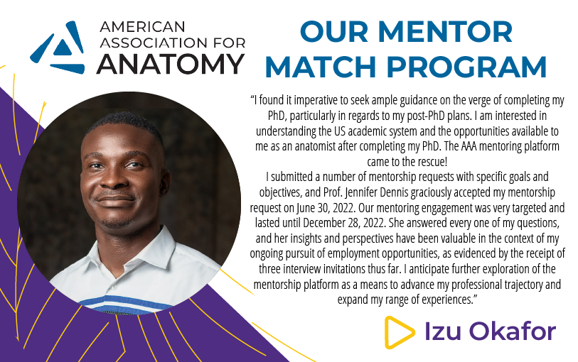 Connect with others in your field as a mentor or mentee! Our Mentor Match Program is one of the benefits of being a AAA member! @IzuchukwuOkaf14 See all benefits: ow.ly/PFnA50Q7T11 RENEW your membership or JOIN here: ow.ly/UmPq50Q7T15 #anatomy #mentorship #AAA