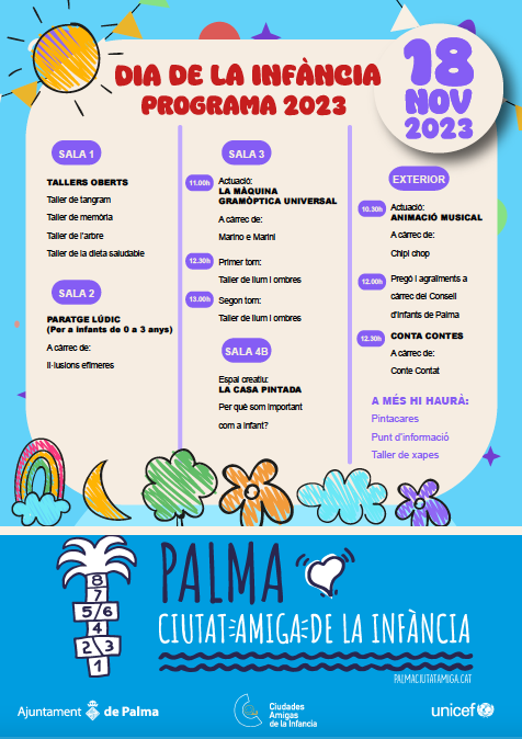 📅 El sábado 18 de noviembre 🤗 celebramos el Día de la Infancia,🥰 y lo haremos con animación musical, talleres, actuaciones, cuentacuentos, pintacaras ¡y mucho más!📍 Todo en el Casal de Barri de S'Escorxador ⏰ de 10:30 a 13:30h.😉 ¡Te esperamos!