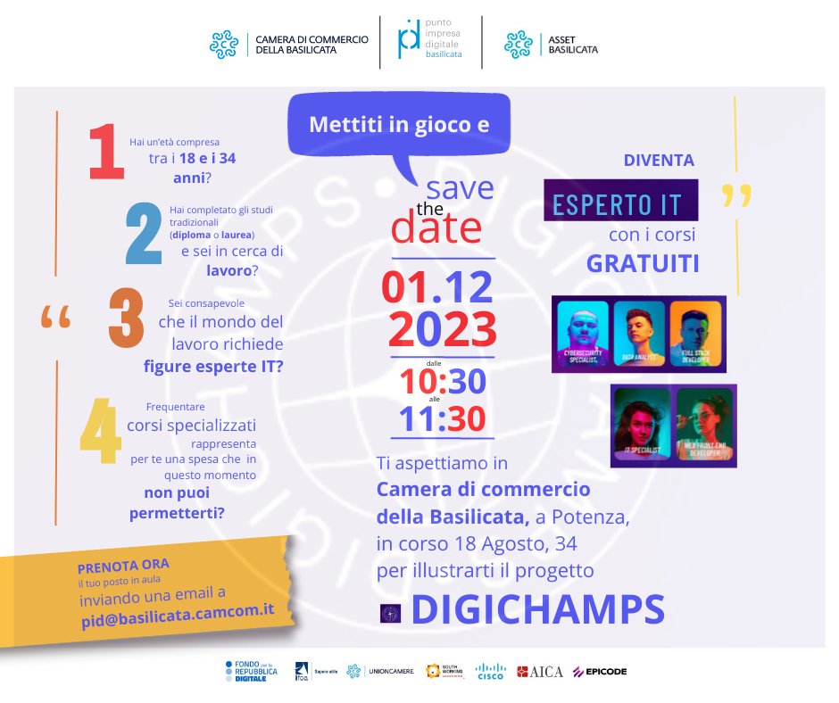 AssetBasilicata's tweet image. #savethedate 01 dicemre POTENZA h10.30 &quot;DIGICHAPS: il tuo futuro è digitale&quot;.
Hai tra i 18 e i 34 anni? Ti piace l&apos;informatica?
5 corsi GRATUITI altamente specializzati per diventare #esperto #cybersecurityspecialist #dataanalyst #fullstackdeveloper #webfrontenddeveloper