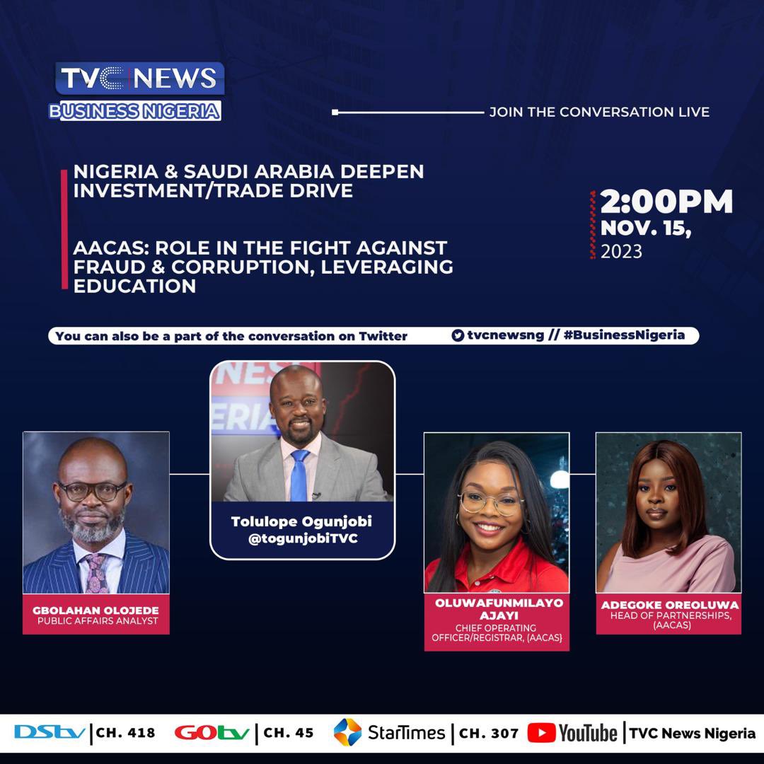 Join us today at 2pm on TVC News Nigeria, as we take the stage to discuss "The role of AACAS in the fight against fraud and corruption, leveraging education." 

#AACAS #TheAACAS #JoinUsLIVE #TVCNEWS #TVCNewsNigeria