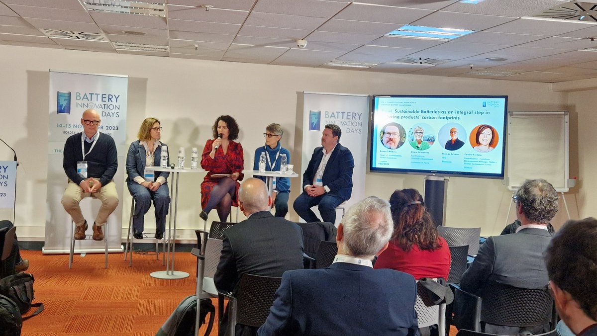🌱#Happeningnow at #BID2023! Towards a More Sustainable Battery: Challenges and #Innovation. WG Secretariat's Technical Support Eliana Quartarone &amp; Industry Chair of WG4 Daniela Fontana discussing Sustainable Batteries as an integral step in reducing products’ carbon footprints.