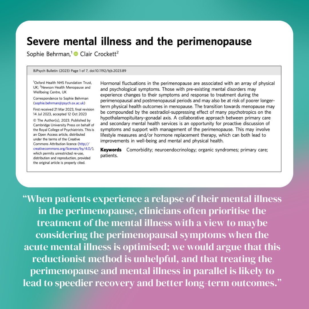 This is such an important paper! It’s written by Dr Clair Crockett who works with me at Newson Health and consultant psychiatrist Dr Sophie Behrman looking into mental illness and perimenopause.

I speak to so many perimenopausal and menopausal women who are presenting with