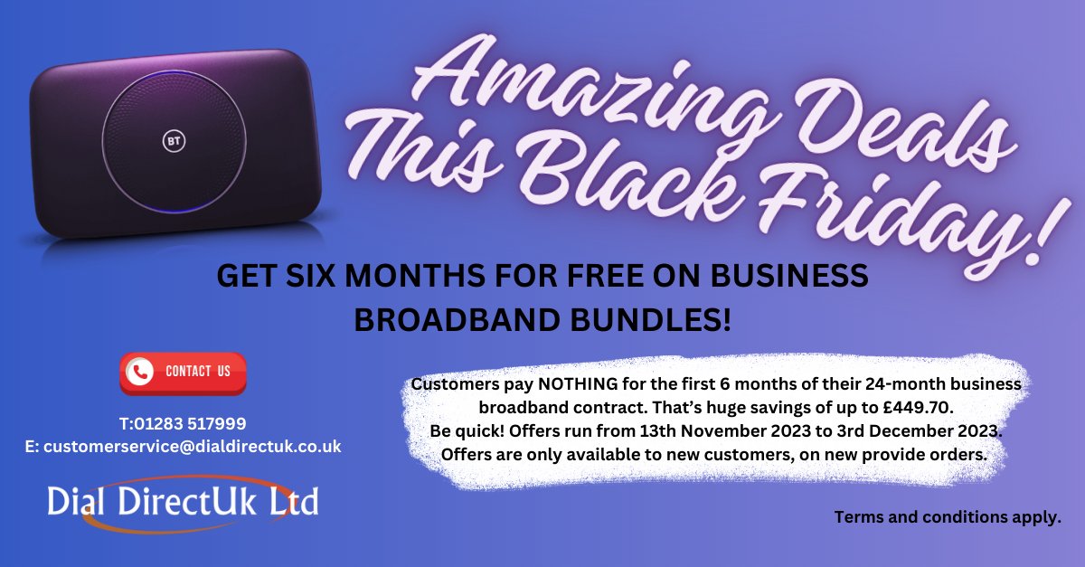DialDirectUk's tweet image. Get 6 months FREE for new customers on business broadband!!! Call us today to find out more. 01283 517999 #business #broadband #deals