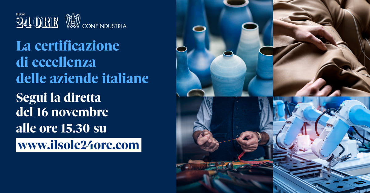 Domani #16novembre dalle 15:30 l'AD #SIMEST <a href="/R_CorradiniD/">Regina Corradini D'Arienzo</a> interverrà all’evento dedicato alla certificazione dell’eccellenza delle aziende italiane 🇮🇹 organizzato da <a href="/sole24ore/">IlSole24ORE</a> e <a href="/Confindustria/">Confindustria</a> 
🔴Segui la diretta streaming su ilsole24ore.com