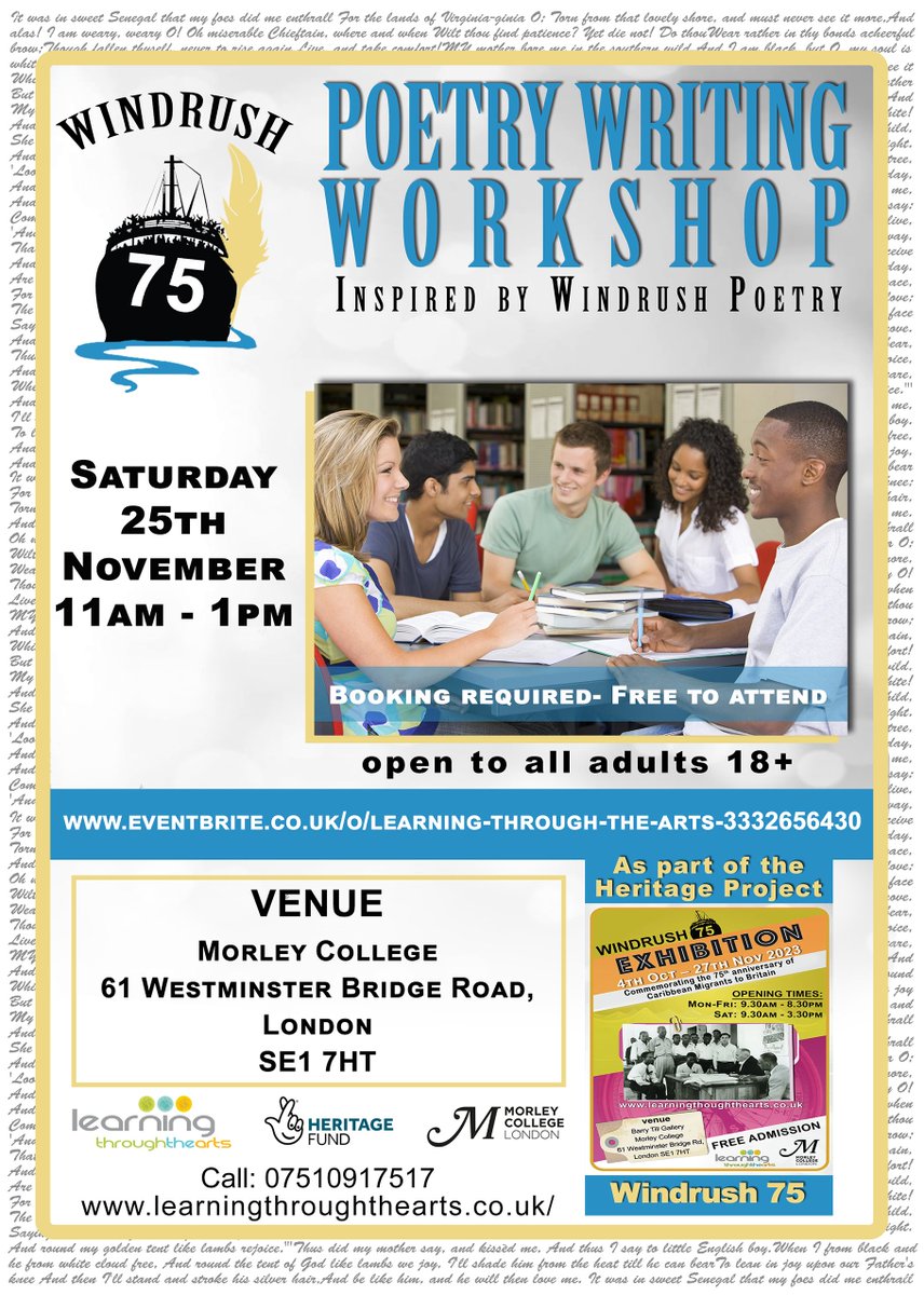Learning Through The Arts (@learnltta) on Twitter photo Join us for our poetry writing workshop✒️ in <a href="/morleycollege/">Morley College London</a> in celebration of the 75th Windrush Anniversary .
Booking required
eventbrite.co.uk/o/learning-thr…
( Link in bio)
#history #free
# workshop #morleycollege #poetry #windrush #legacy #art #stories #heritage Join us for our poetry writing workshop✒️ in <a href="/morleycollege/">Morley College London</a> in celebration of the 75th Windrush Anniversary .
Booking required
eventbrite.co.uk/o/learning-thr…
( Link in bio)
#history #free
# workshop #morleycollege #poetry #windrush #legacy #art #stories #heritage