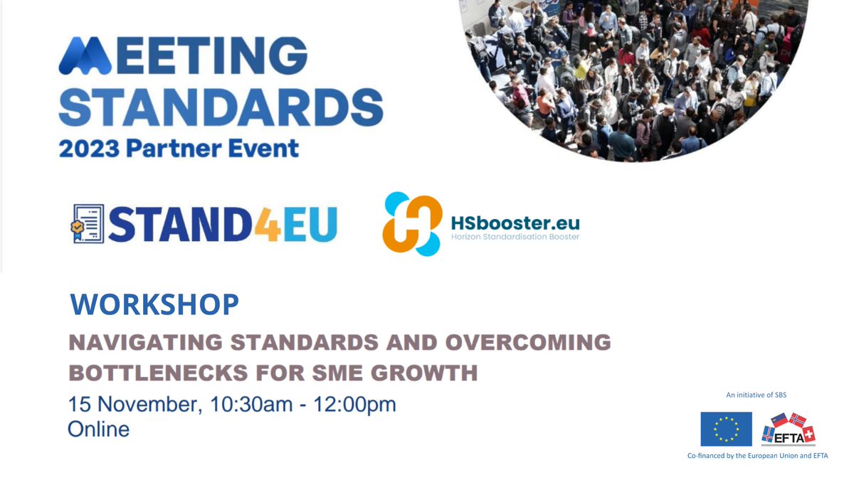 📢 <a href="/STAND4EU/">STAND4EU</a> #HSbooster Navigating standards and overcoming bottlenecks for SME growth

🗓️ Online Workshop | 15 November 2023, 10:30AM-12:00PM

Join the event to discover:
🚀 The <a href="/STAND4EU/">STAND4EU</a> and #HSbooster results 
🛑 #Standardisation bottlenecks identified by #SMEs
🎯 Potential